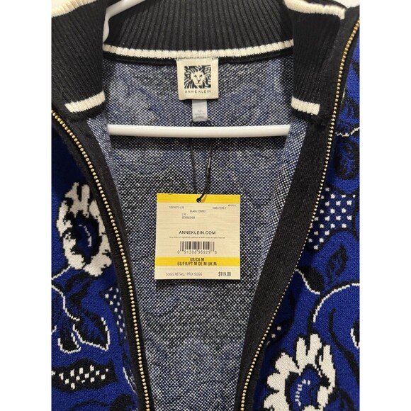 Anne Klein Black Blue White Floral Zip Up Cardigan Varsity Black Trim NWT, Sz M - Picture 3 of 3